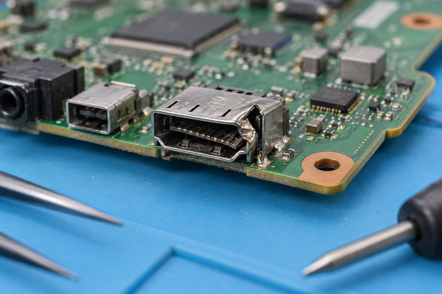 Ilustración de una placa de consola con el conector HDMI dañado